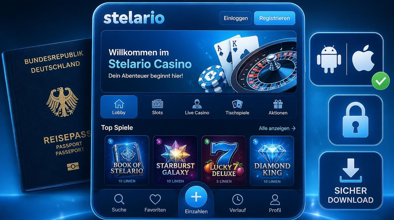 Ein mobiles GerÀt zeigt das sichere Stelario Casino APK mit Schloss-Icon