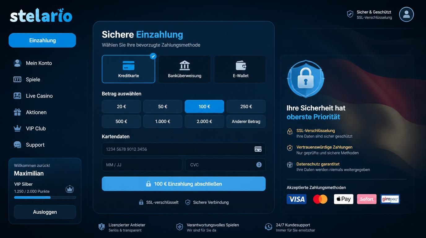 Ein sicherer Einzahlungsbereich mit SSL-Schutz und vertraulichen Zahlungsmethoden