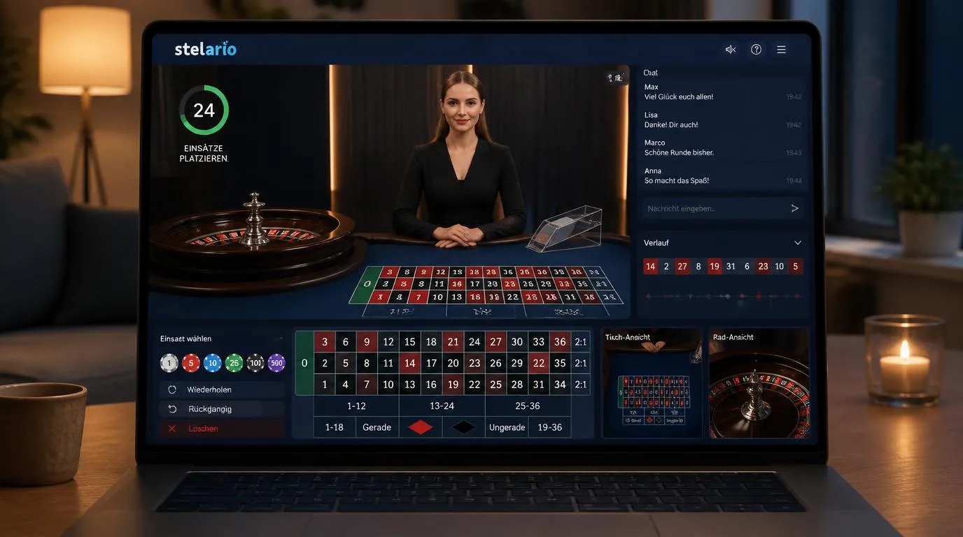 Live-Casino-Tisch mit Dealer, Videoübertragung, Einsatzfeldern, Chat und Wetthistorie auf einem Bildschirm