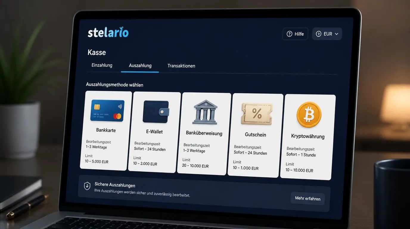 Casino-Kasse mit Auswahl für Karte, E-Wallet, Banküberweisung und Kryptowährungen