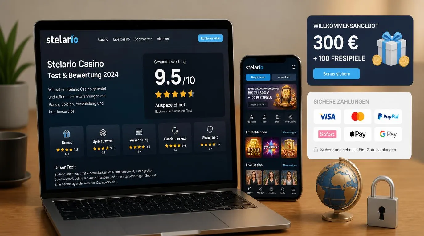 Casino-Bewertung auf einem Bildschirm neben Smartphone, Bonuskarte und geöffneter Kasse