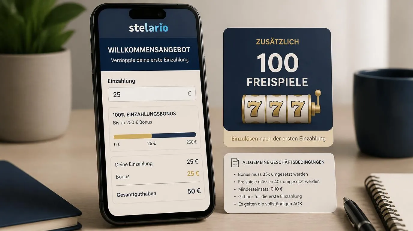 Smartphone mit Casino-Bonusübersicht, 25 € Mindesteinzahlung und 100 Freispielen