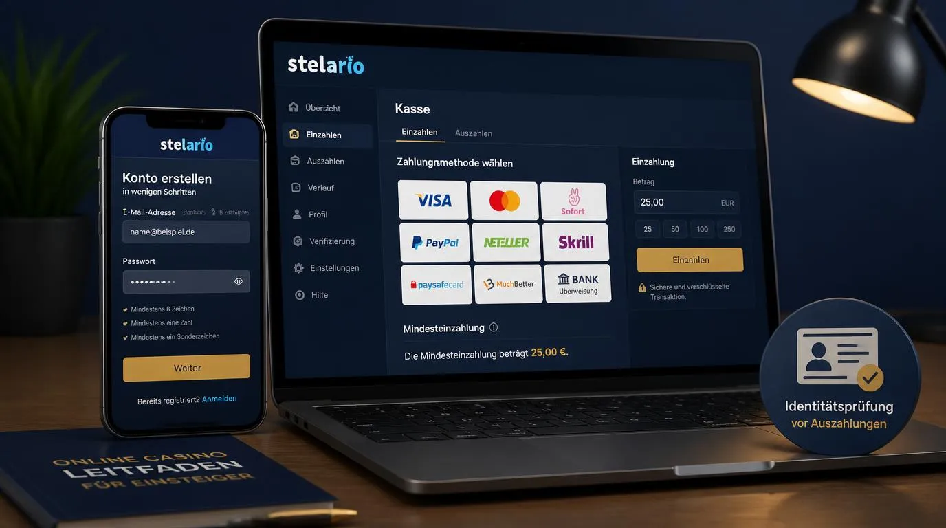 Smartphone mit Registrierungsformular neben einer Kassenansicht für Einzahlung und Identitätsprüfung